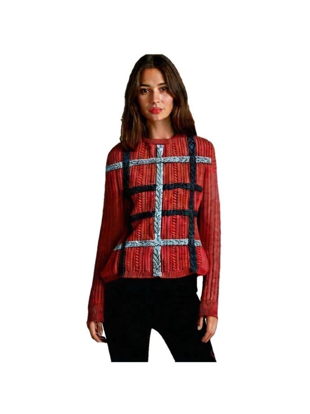 Vintage LORD & TAYLOR Cashmere Blend Cable Knit Red & Grey Plaid Sweater, Small